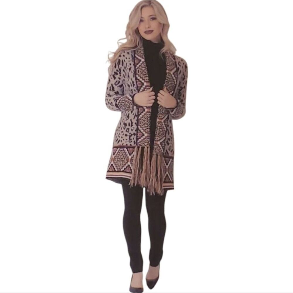 MaxSport leopard print fringed Aztec boho coatigan cardigan sweater size Medium